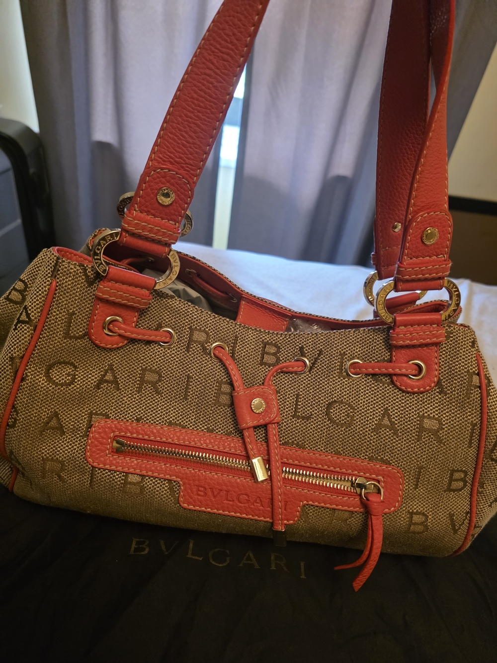 Bulgari Beige Canvas Shoulder Bag with Red Trim
